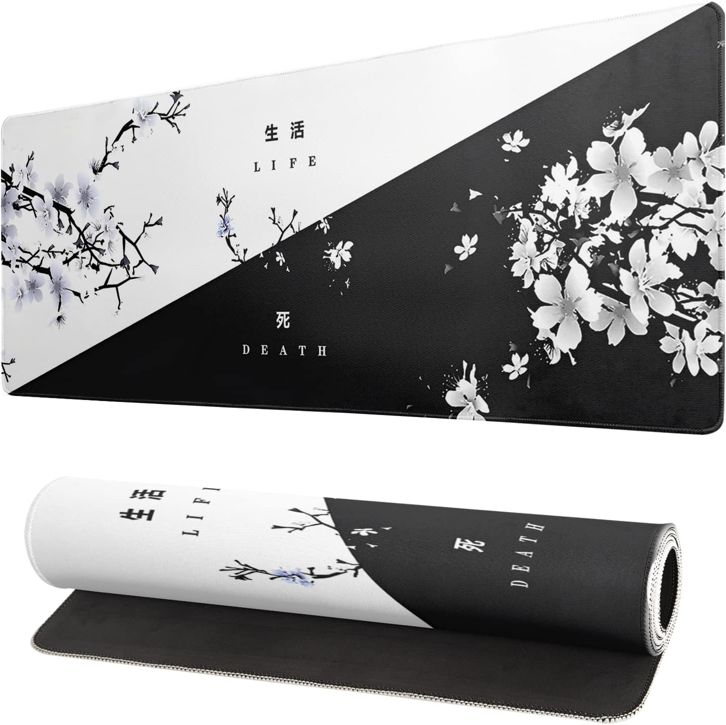 Black and White Japanese Cherry Blossom Gaming Mouse Pad Sakura Death Life Flower Mat 31.5x11.8 Inch Texture Non-Slip Rubber Base Mousepad Stitched Edges Keyboard Desk Pad for Office Home Game