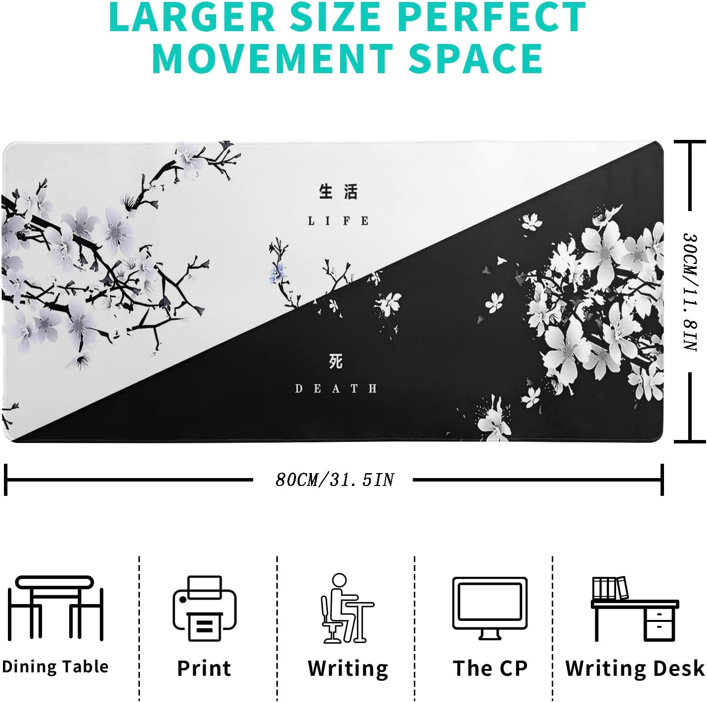 Black and White Japanese Cherry Blossom Gaming Mouse Pad Sakura Death Life Flower Mat 31.5x11.8 Inch Texture Non-Slip Rubber Base Mousepad Stitched Edges Keyboard Desk Pad for Office Home Game - Image 2