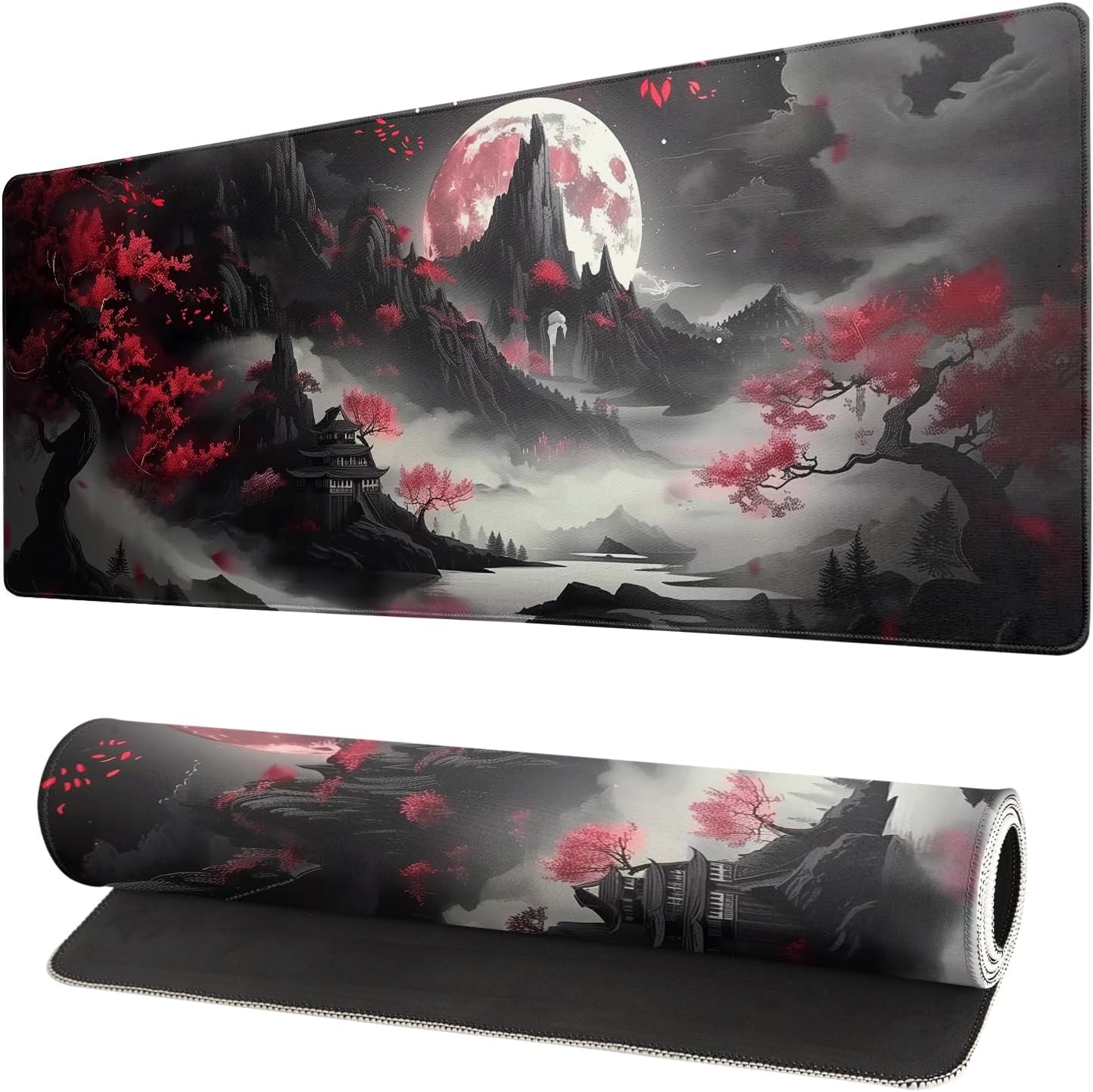 Brecoy Japanese Desk Mat Red Full Moon Desk Pad Black Riverside Large Mouse Pad Gaming Mousepad Extended XL Keyboard Pad 31.5 x 11.8 in Laptop Computer Mouse Keyboard Mat for Office Desk Decor