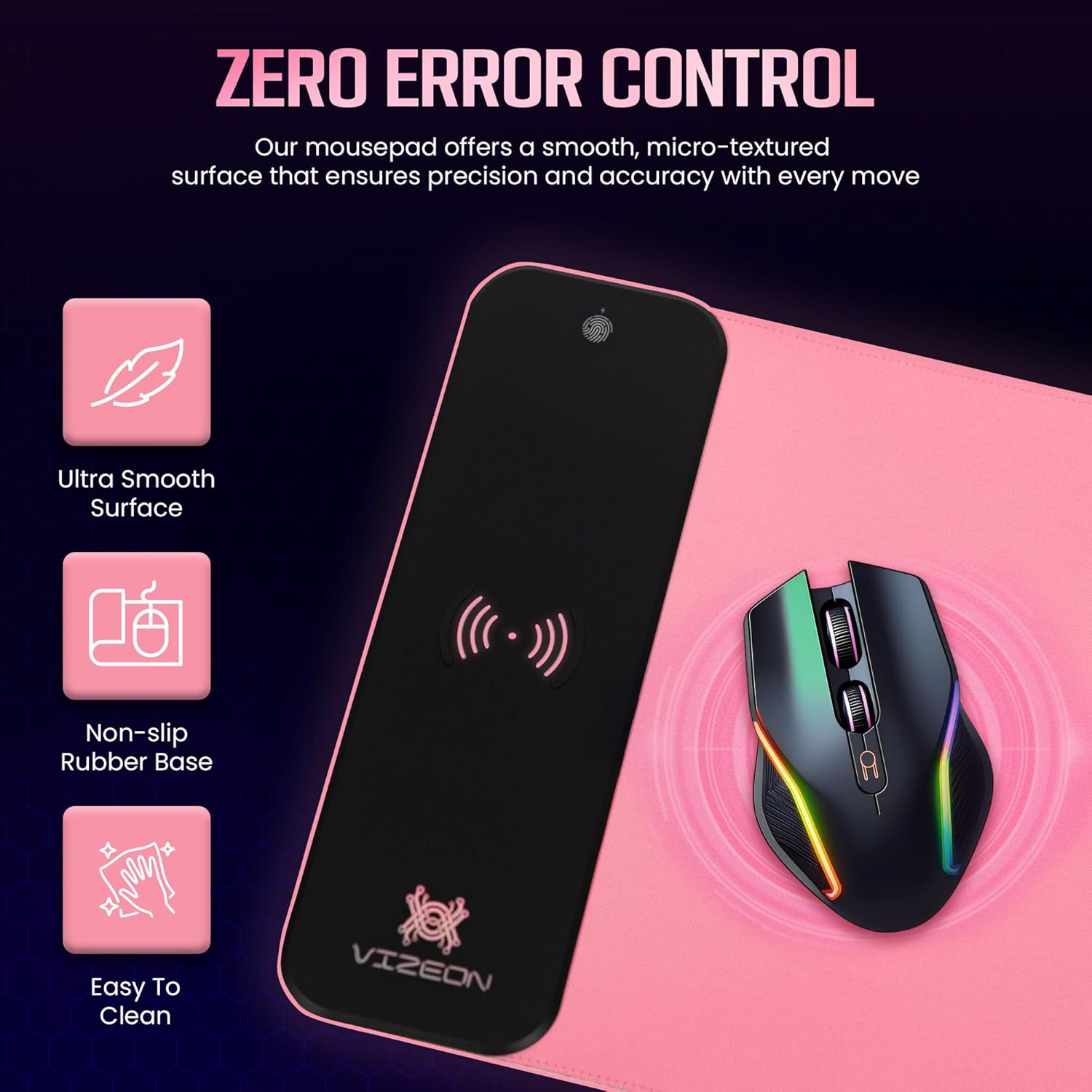 Genesis Gaming Mouse Pad - 300x800x4mm Water-Resistant Durable Desk Mat for Keyboard and Mouse - Non Slip Rubber Base RGB Mousepad with Wireless Charging Station - Pink - Image 3