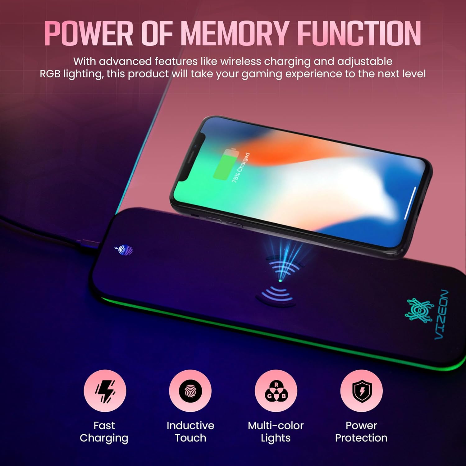 Genesis Gaming Mouse Pad - 300x800x4mm Water-Resistant Durable Desk Mat for Keyboard and Mouse - Non Slip Rubber Base RGB Mousepad with Wireless Charging Station - Pink - Image 2