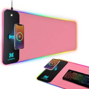 Genesis Gaming Mouse Pad - 300x800x4mm Water-Resistant Durable Desk Mat for Keyboard and Mouse - Non Slip Rubber Base RGB Mousepad with Wireless Charging Station - Pink