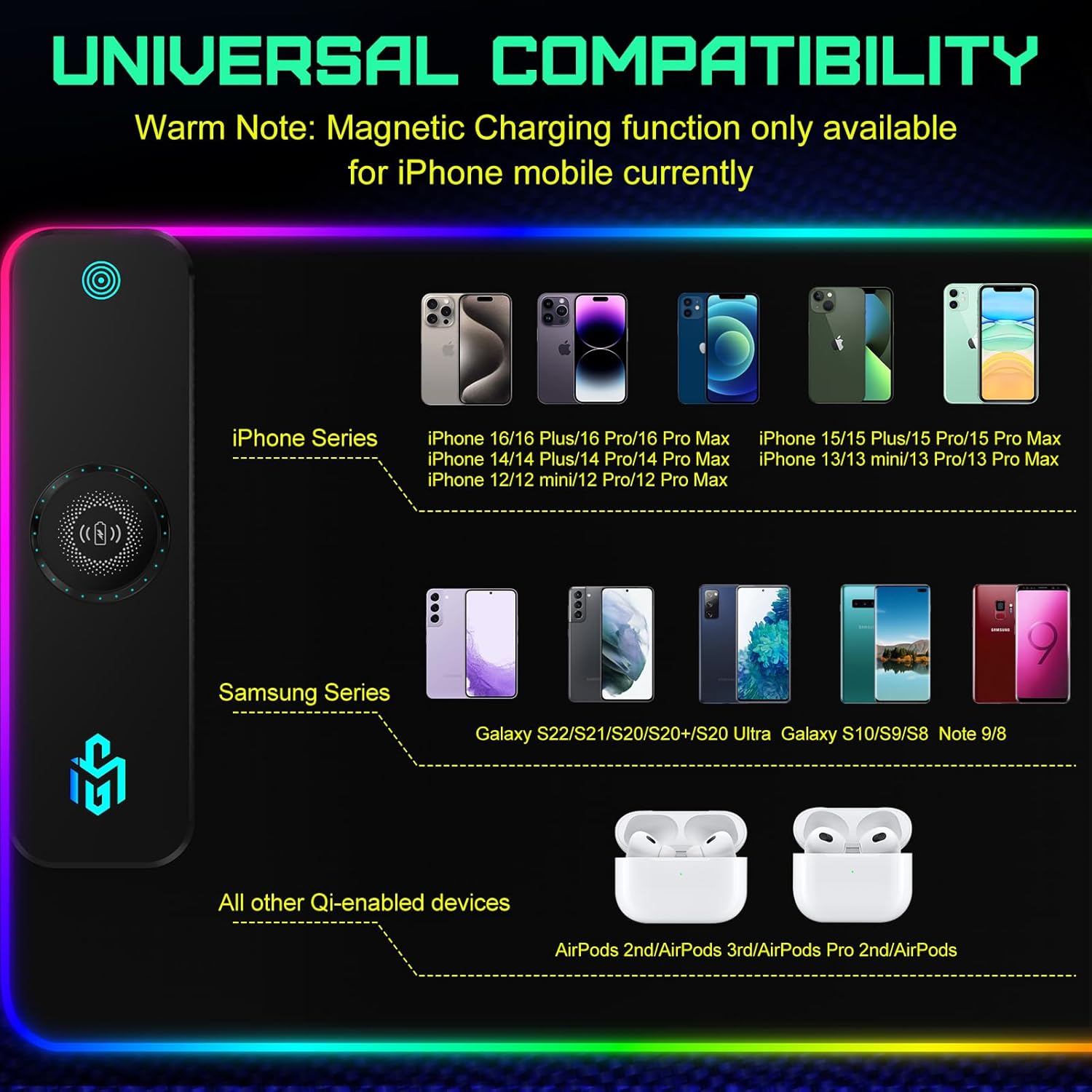 GIM Wireless Charging RGB Gaming Mouse Pad 15W, LED Mouse Mat 900x400x4MM, 10 Light Modes Extra Large Mousepad Non-Slip Rubber Base Computer Keyboard Mat for Gaming, MacBook, PC, Laptop, Desk - Image 7