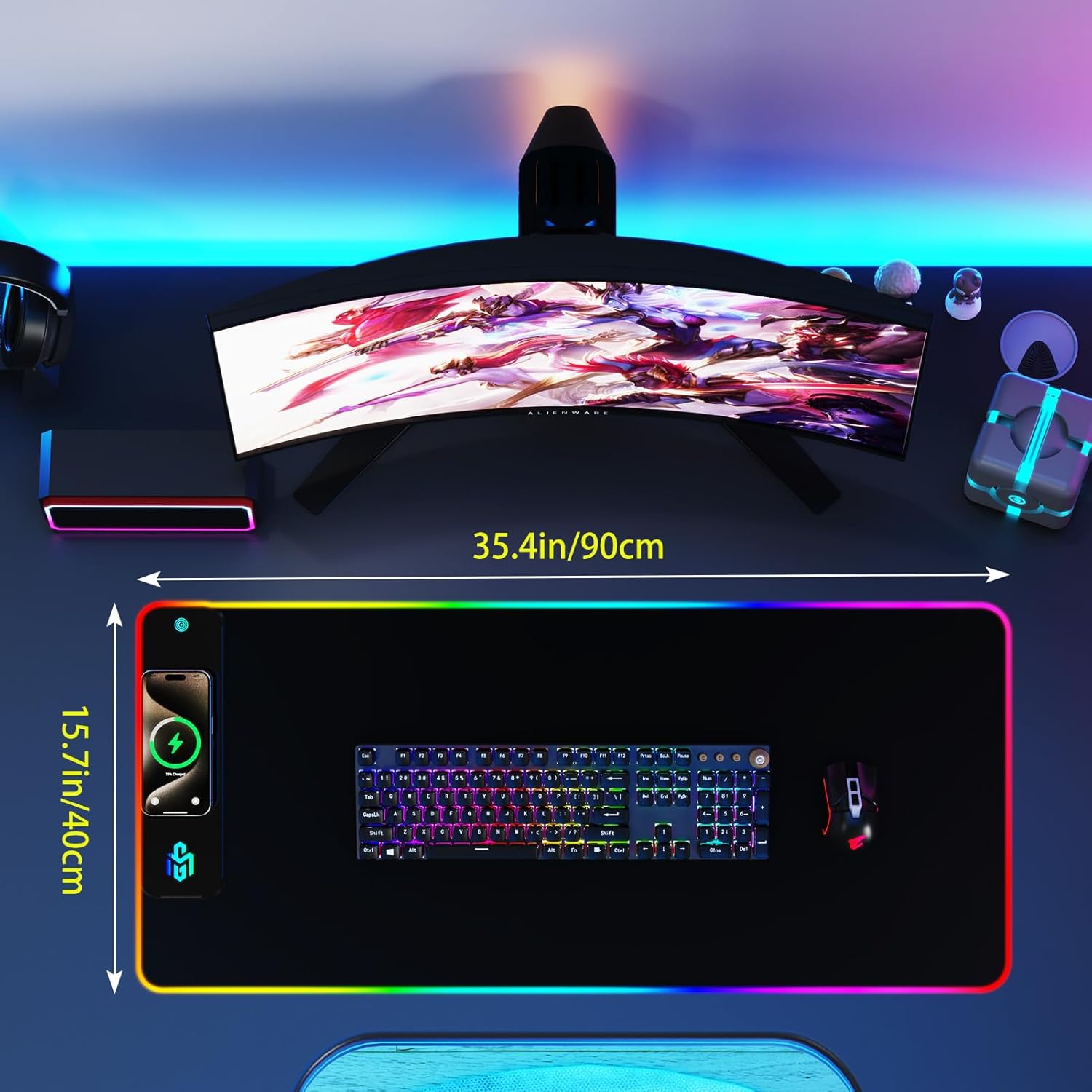 GIM Wireless Charging RGB Gaming Mouse Pad 15W, LED Mouse Mat 900x400x4MM, 10 Light Modes Extra Large Mousepad Non-Slip Rubber Base Computer Keyboard Mat for Gaming, MacBook, PC, Laptop, Desk - Image 8