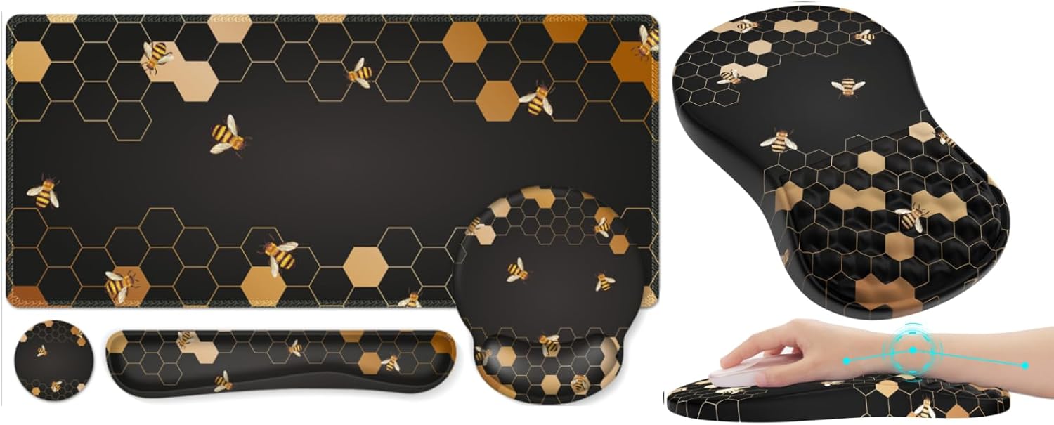 iCasso 5in1 Large Gaming Mouse Pad with Wrist Rest+Coaster, XXL Desk Mat and Keyboard Wrist Rest Set with Ergonomic Design for Home Office