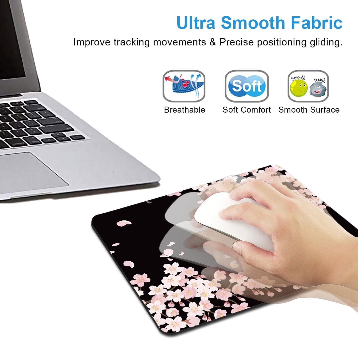 IMAYONDIA Cute Pink Flowers Mouse Pad, Cherry Blossom Mouse Pad, Serene Blossoms on Black Elegant Floral Mousepad, Japanese Minimalistic Mice pad for Computer Office Girl, 9.5 x 7.9 Inch - Image 4
