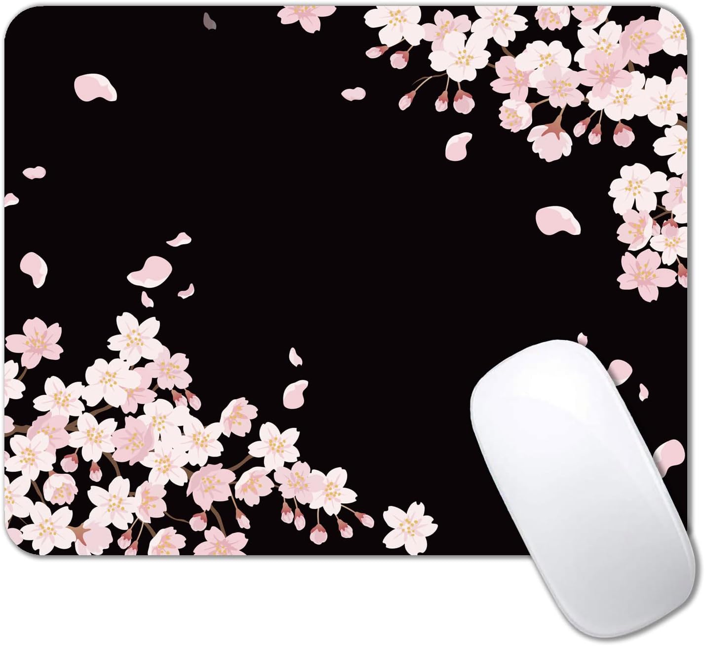 IMAYONDIA Cute Pink Flowers Mouse Pad, Cherry Blossom Mouse Pad, Serene Blossoms on Black Elegant Floral Mousepad, Japanese Minimalistic Mice pad for Computer Office Girl, 9.5 x 7.9 Inch