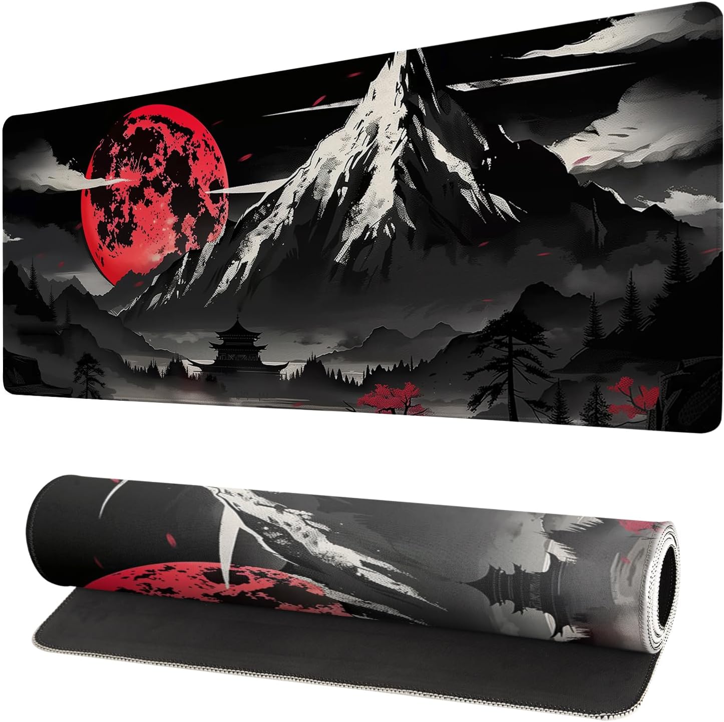Japanese Gaming Mouse Pad Black Mouse Pad Kanagawa Large Mousepad Non-Slip Rubber Base Waterproof with Stitched Edges for Gaming Office Home, 31.5x11.8 Inch (Black Wave) - Image 7