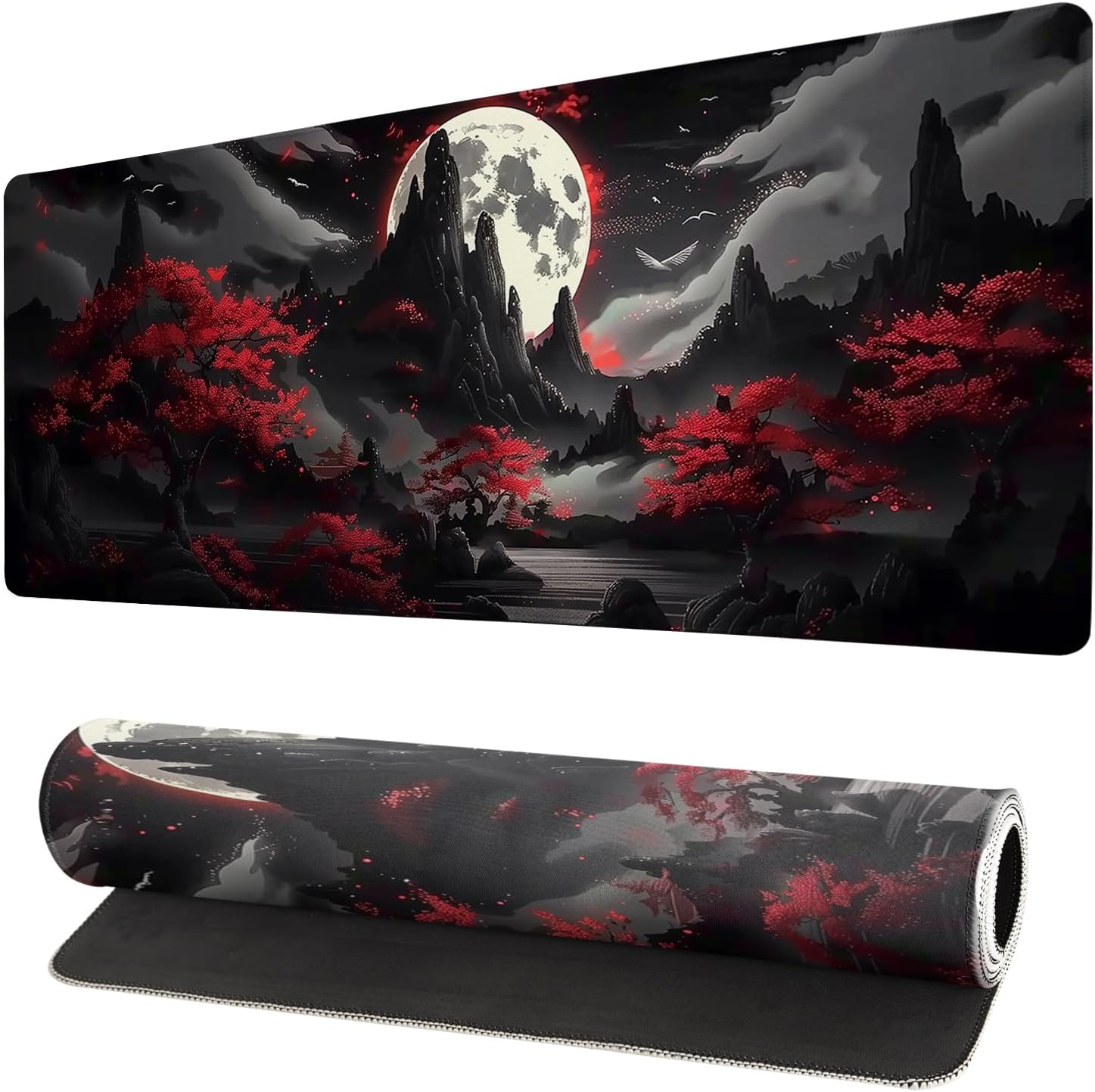 Japanese Gaming Mouse Pad Black Mouse Pad Kanagawa Large Mousepad Non-Slip Rubber Base Waterproof with Stitched Edges for Gaming Office Home, 31.5x11.8 Inch (Black Wave) - Image 21