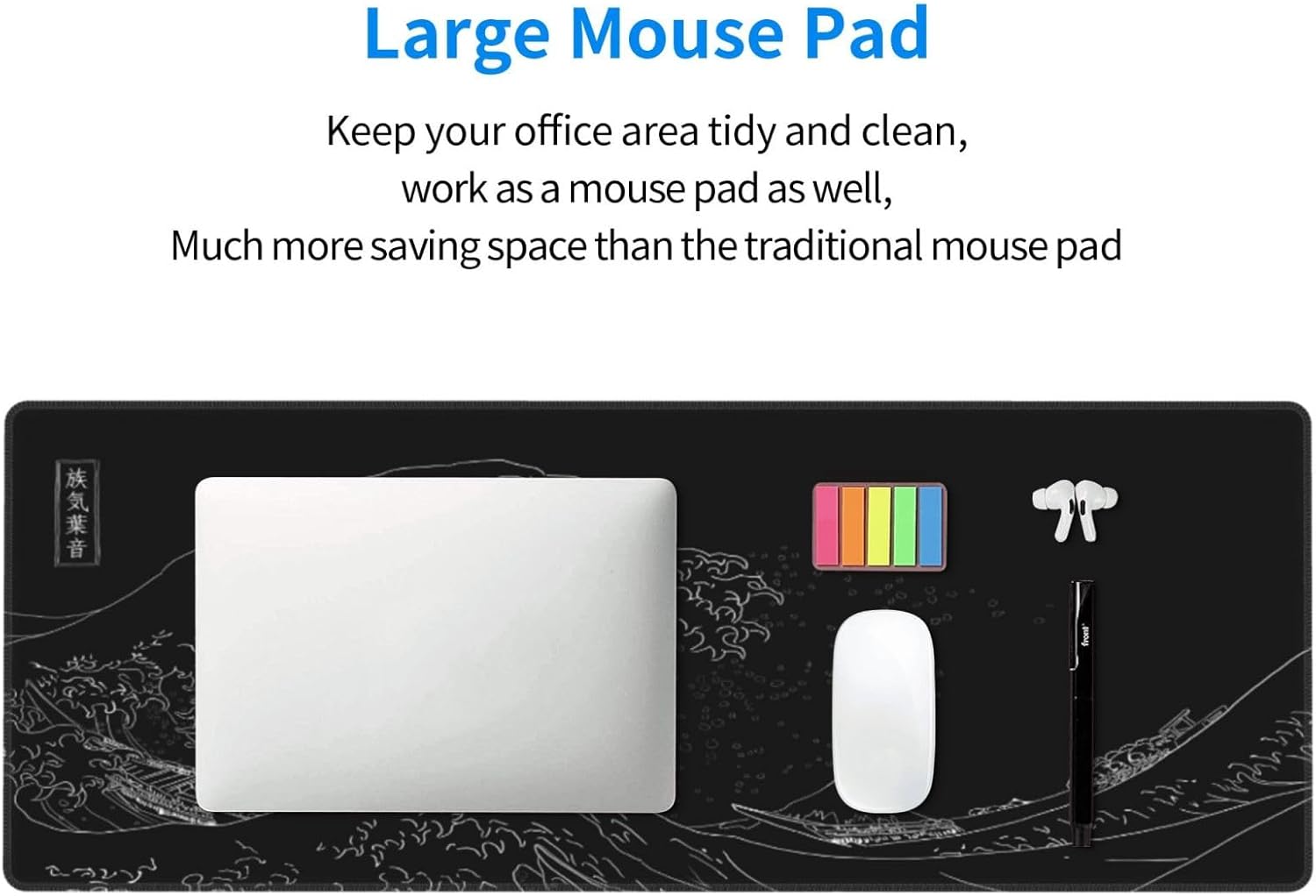 Japanese Gaming Mouse Pad Black Mouse Pad Kanagawa Large Mousepad Non-Slip Rubber Base Waterproof with Stitched Edges for Gaming Office Home, 31.5x11.8 Inch (Black Wave) - Image 5