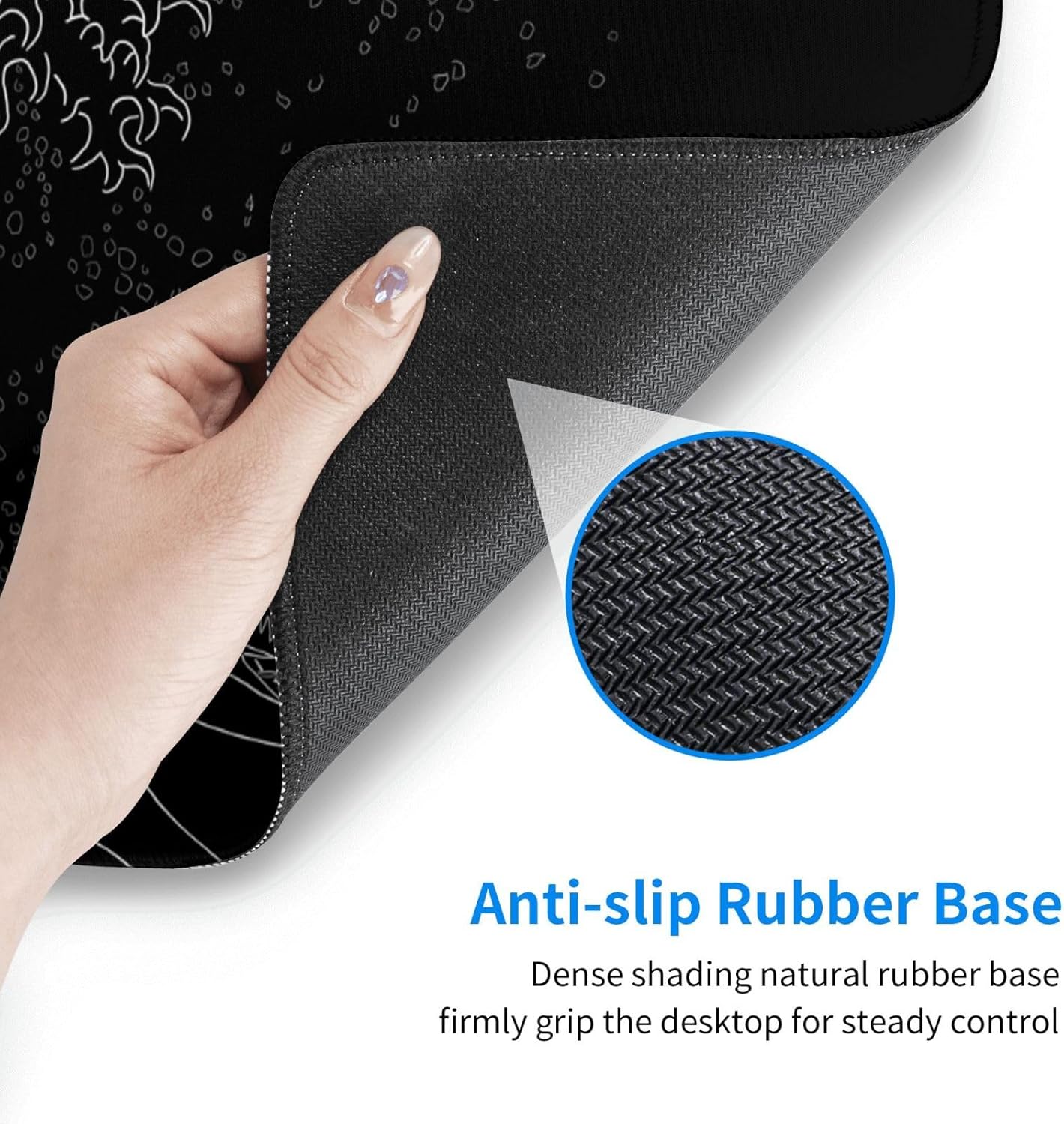 Japanese Gaming Mouse Pad Black Mouse Pad Kanagawa Large Mousepad Non-Slip Rubber Base Waterproof with Stitched Edges for Gaming Office Home, 31.5x11.8 Inch (Black Wave) - Image 6