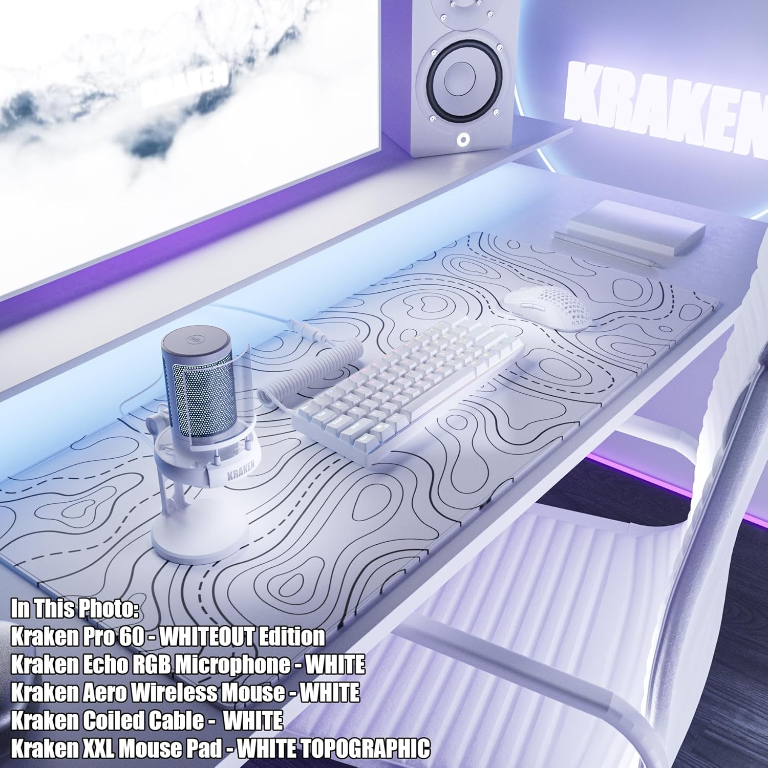 Kraken XXL White Topographic Mouse Pad Gaming Mousepad + Kraken Echo RGB Gaming Microphone - Image 3