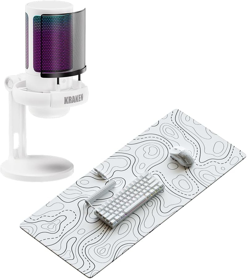 Kraken XXL White Topographic Mouse Pad Gaming Mousepad + Kraken Echo RGB Gaming Microphone