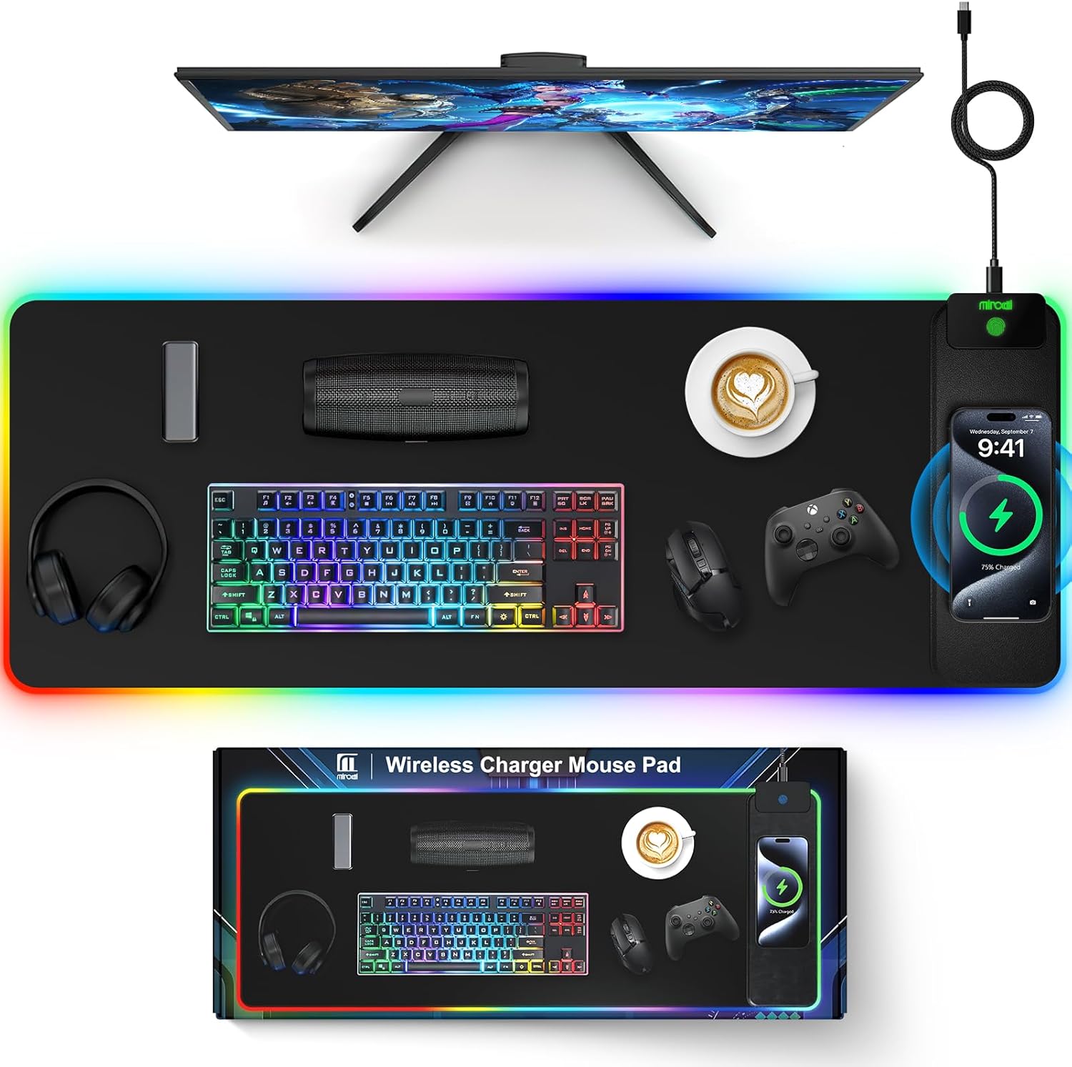 Magnetic RGB Gaming Mouse Pad 31.5x15.75 Inch, 15W Fast Wireless Charging Desk Mat, XXL Desk Pad with 11 RGB Lighting Modes, Home Office Large Keyboard Pad with Ultra-Smooth Surface, Non-Slip Base - Image 13