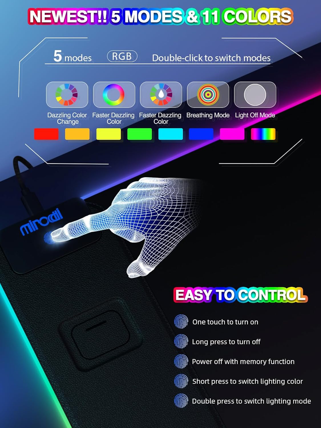 Mouse Pad with 15W Magnetic Wireless Charging 31.5x15.75 Inch, RGB Mousepad for Desk Mat, XXL Desk Pad with 11 Colors & 5 Modes, Home Office Large Keyboard Pad Waterproof Non-Slip for Gaming PC Setup - Image 4