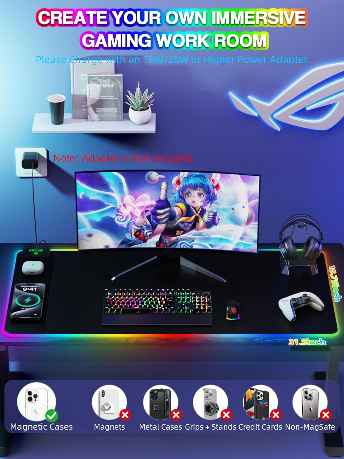 Mouse Pad with 15W Magnetic Wireless Charging 31.5x15.75 Inch, RGB Mousepad for Desk Mat, XXL Desk Pad with 11 Colors & 5 Modes, Home Office Large Keyboard Pad Waterproof Non-Slip for Gaming PC Setup - Image 3