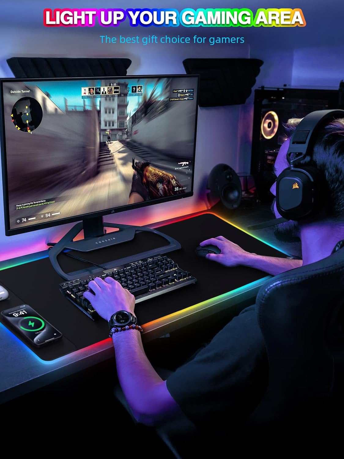 Mouse Pad with 15W Magnetic Wireless Charging 31.5x15.75 Inch, RGB Mousepad for Desk Mat, XXL Desk Pad with 11 Colors & 5 Modes, Home Office Large Keyboard Pad Waterproof Non-Slip for Gaming PC Setup - Image 8