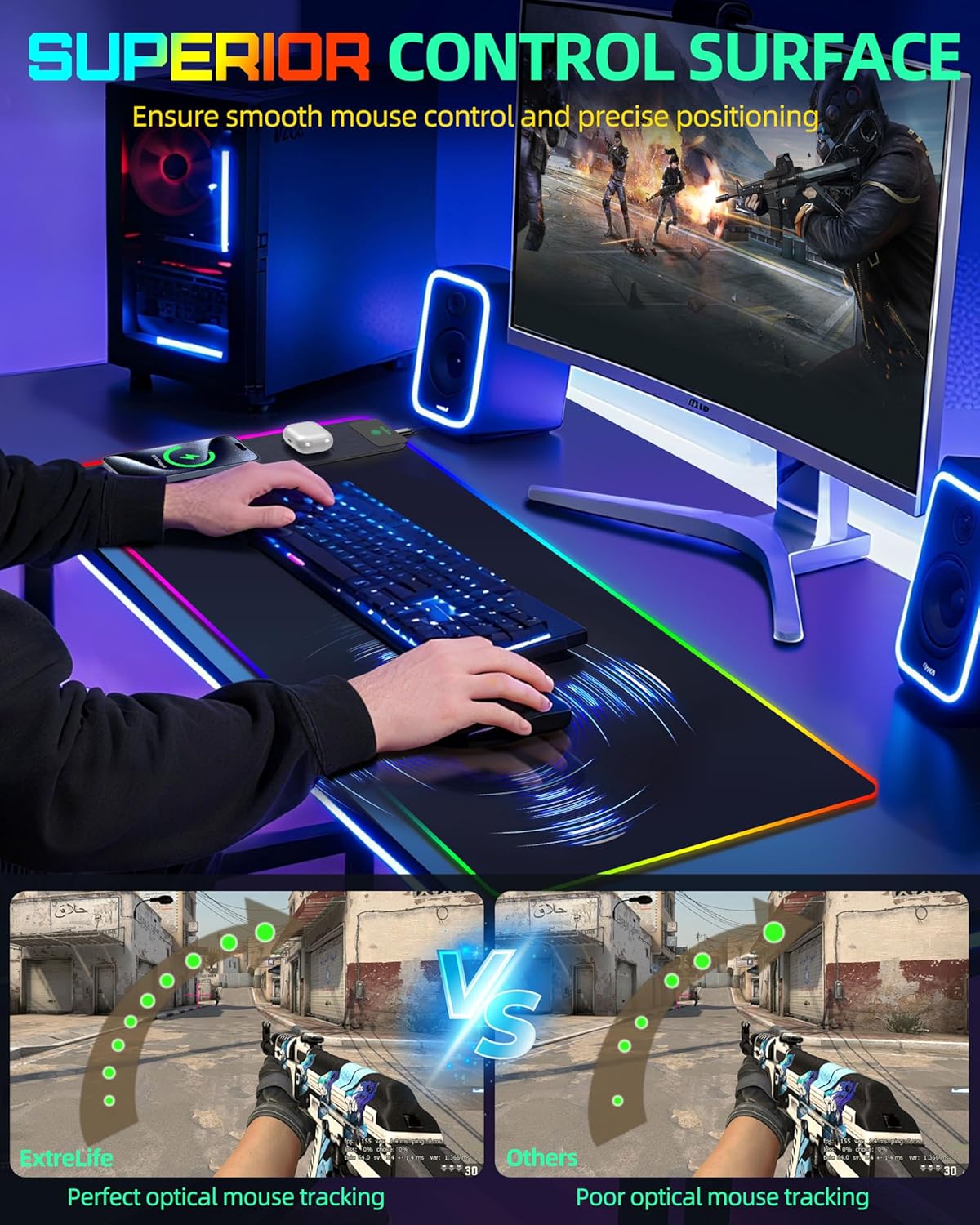 Mouse Pad with Wireless Charging, RGB Gaming Desk Mat, 31.5"x15.7" Large XXL Desk Pad, 15 Lighting Modes, Non-Slip Mouse Mat, Waterproof Computer Keyboard Pad, Black with 20W PD Power Adapter - Image 4