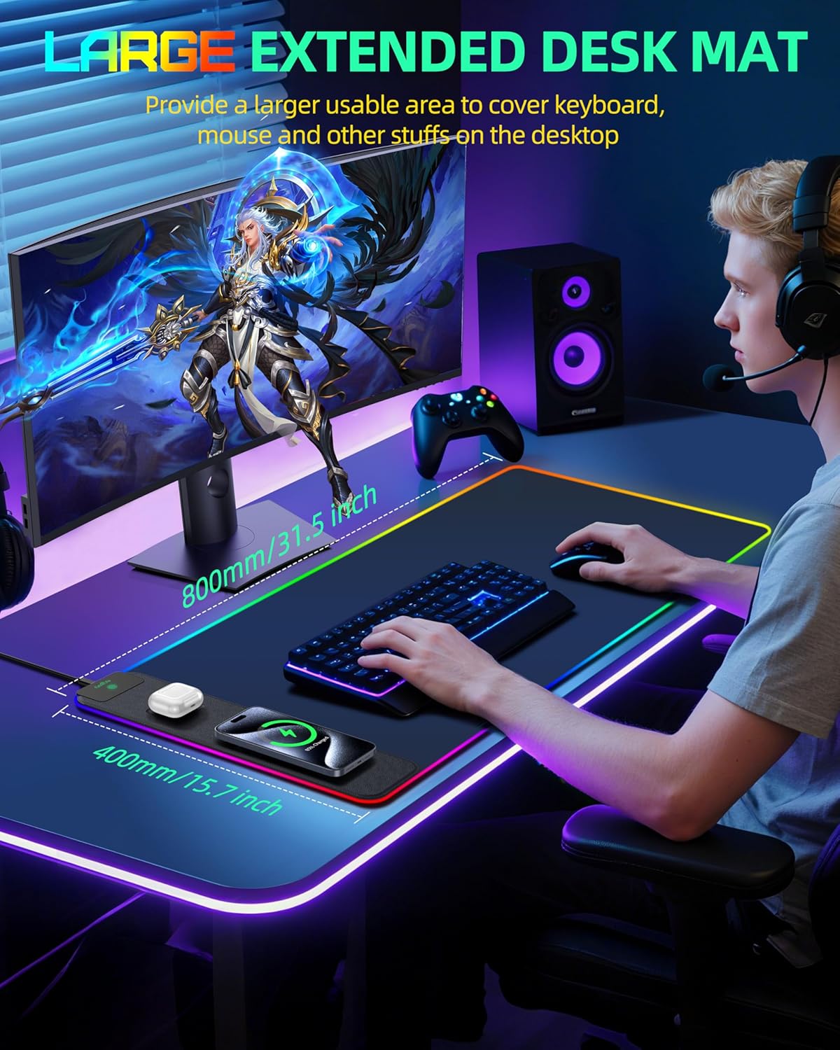 Mouse Pad with Wireless Charging, RGB Gaming Desk Mat, 31.5"x15.7" Large XXL Desk Pad, 15 Lighting Modes, Non-Slip Mouse Mat, Waterproof Computer Keyboard Pad, Black with 20W PD Power Adapter - Image 8