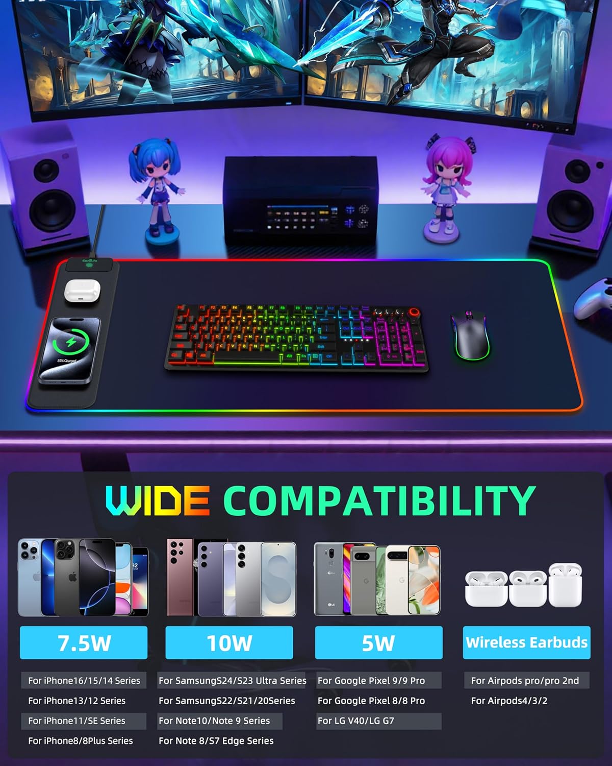 Mouse Pad with Wireless Charging, RGB Gaming Desk Mat, 31.5"x15.7" Large XXL Desk Pad, 15 Lighting Modes, Non-Slip Mouse Mat, Waterproof Computer Keyboard Pad, Black with 20W PD Power Adapter - Image 7