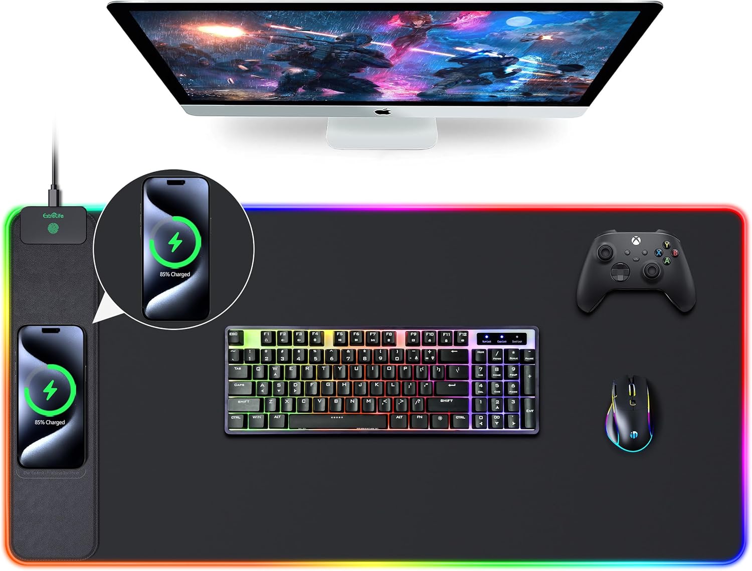 Mouse Pad with Wireless Charging, RGB Gaming Desk Mat, 31.5"x15.7" Large XXL Desk Pad, 15 Lighting Modes, Non-Slip Mouse Mat, Waterproof Computer Keyboard Pad, Black with 20W PD Power Adapter - Image 12