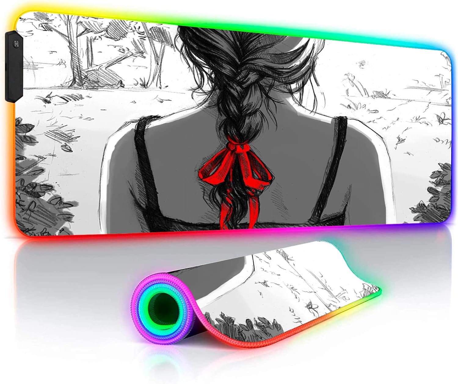 Mouse Pads Cute Girls RGB Mousepad LED Gaming Mouse Pad Anti-Slip Keyboard Pad Gamer Computer Accessories Large Desk Pad 39.3 X19.6 Inch