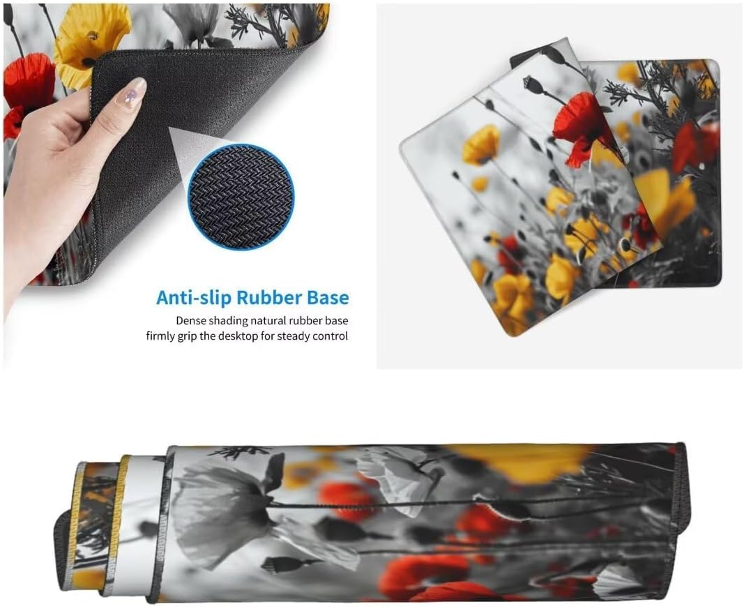 Poppies Mouse Pad Desk Pad, Mouse Pad Large Desk Mat with Stitched Edges, XXL Mousepad with Non-Slip Rubber Base, Computer Keyboard Pad Waterproof Gaming Mouse Pad Plants Desk Pad 62.9x31.5 Inch gq589 - Image 3