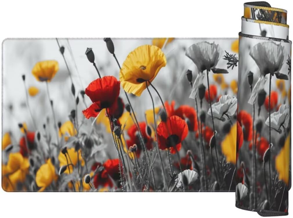 Poppies Mouse Pad Desk Pad, Mouse Pad Large Desk Mat with Stitched Edges, XXL Mousepad with Non-Slip Rubber Base, Computer Keyboard Pad Waterproof Gaming Mouse Pad Plants Desk Pad 62.9x31.5 Inch gq589