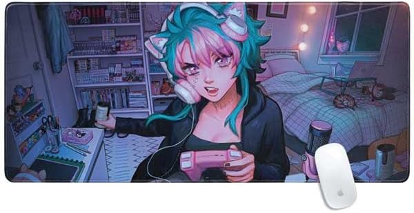Skinit Extra Large Gaming Mouse Pad - Officially Licensed Anime Catgirl Gamer Nerd Design with Stitched Edges, Waterproof, Non-Slip Rubber Base, Desk Mat for Keyboard & Mouse, 35.75" x 15.4" inches
