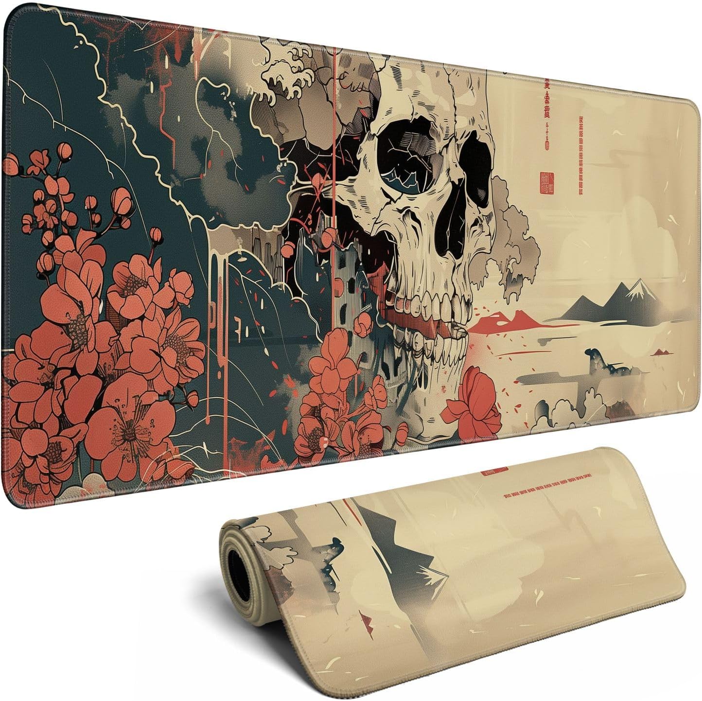 Skull Mouse Pad Japanese Ukiyo-e Mouse Pad XL Anime Big Mouse Pads for Desk Large Gaming Large Mouse Pad for Men Desk Pad with Stitched Edges Non-Slip Large Computer Mat, 31.5x11.8 in