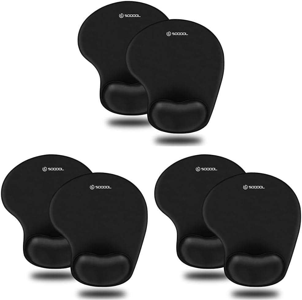 Soqool Mouse Pad, 6 Pack Ergonomic Mouse Pads with Comfortable Gel Wrist Rest Support and Lycra Cloth, Non-Slip PU Base for Easy Typing Pain Relief, Durable and Easy to Clean, Black