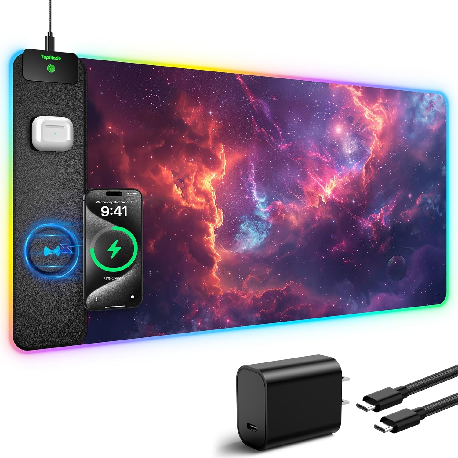 TopMade RGB Gaming Mouse Pad with 15W Wireless Charging, 31.5\u201D x 15.8\u201D XXL Large Desk Mat Home Office Keyboard Pad for Desk, Waterproof Mousepad with Smooth Surface, Non-Slip Base, Galaxy Nebula