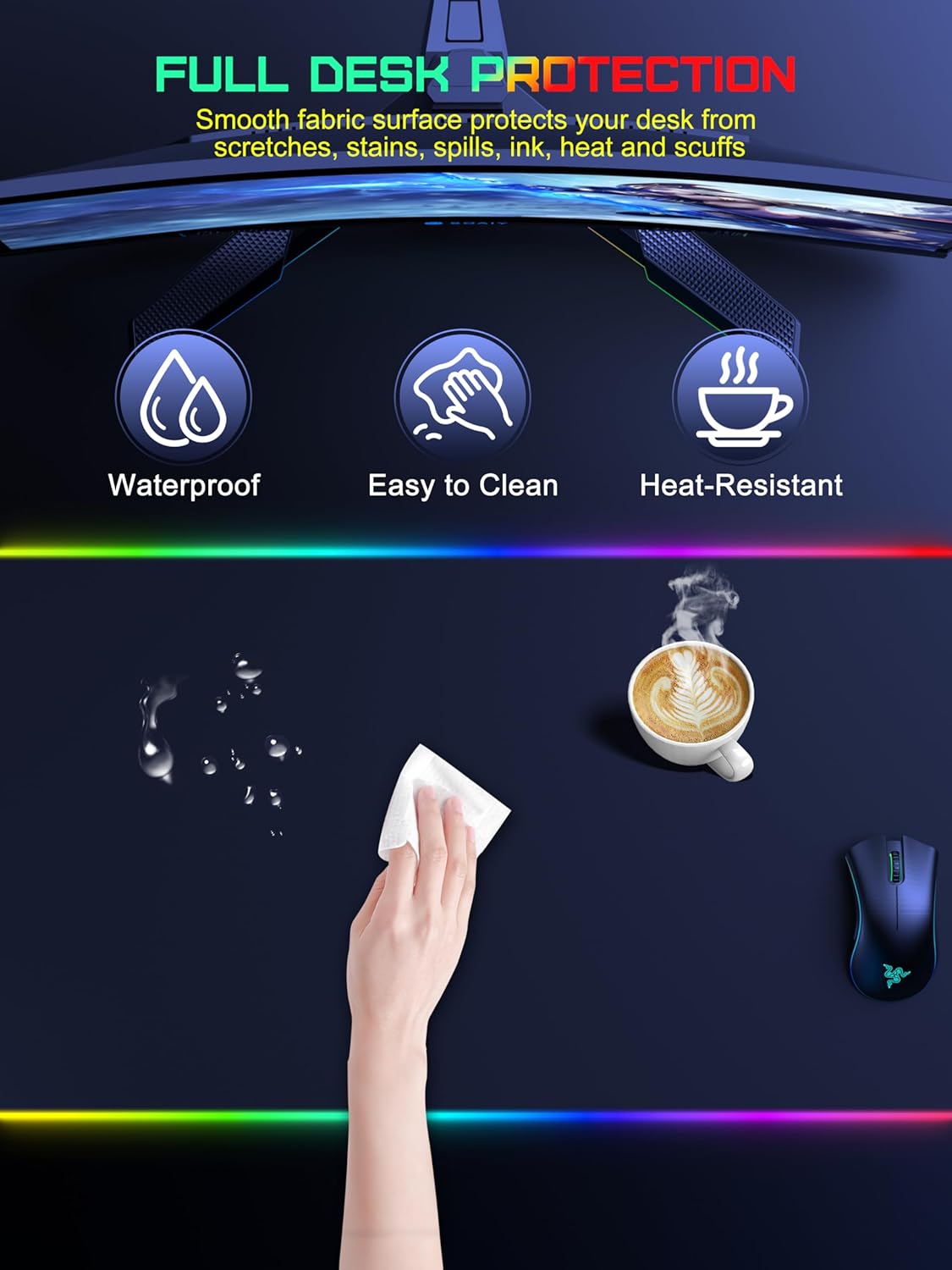 TopMade Wireless Charging Mouse Pad, RGB Gaming Mousepad, 35.4" x 15.8" Extra Large Waterproof Keyboard Desk Pad, Cool Computer Desk Mat, Black (Includes 20W PD Power Adapter & 6.56ft Woven Cable) - Image 7