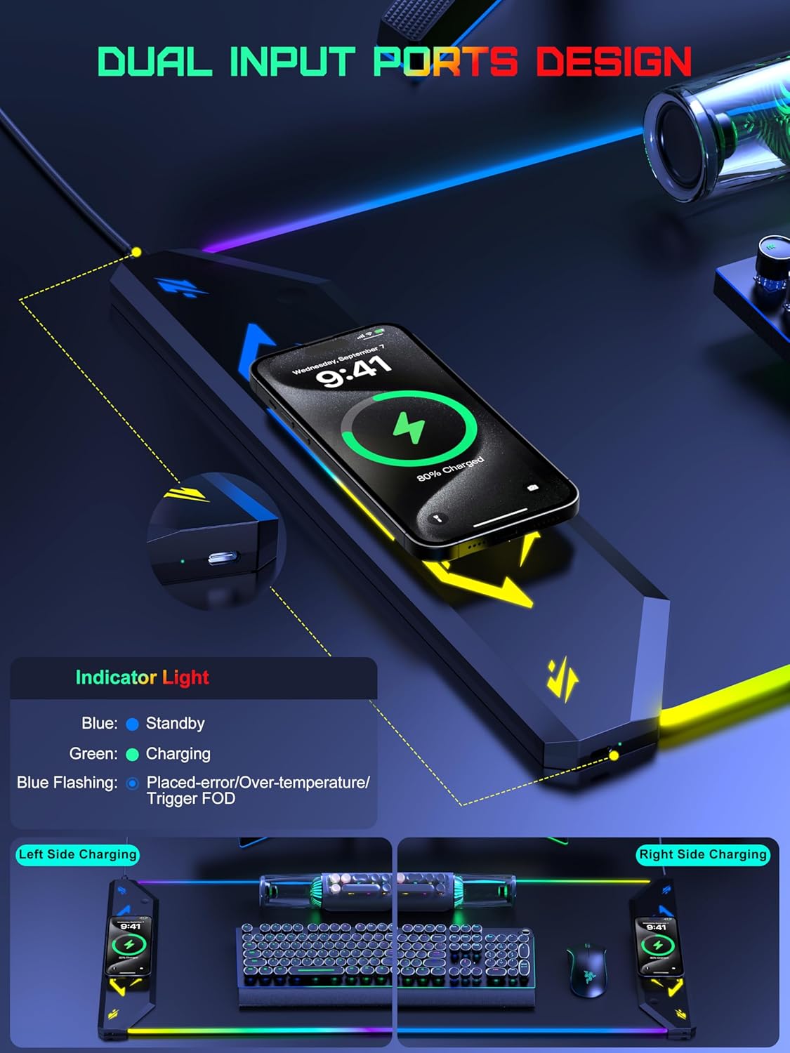 TopMade Wireless Charging Mouse Pad, RGB Gaming Mousepad, 35.4" x 15.8" Extra Large Waterproof Keyboard Desk Pad, Cool Computer Desk Mat, Black (Includes 20W PD Power Adapter & 6.56ft Woven Cable) - Image 3