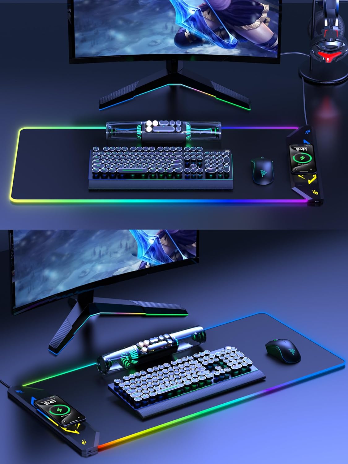 TopMade Wireless Charging Mouse Pad, RGB Gaming Mousepad, 35.4" x 15.8" Extra Large Waterproof Keyboard Desk Pad, Cool Computer Desk Mat, Black (Includes 20W PD Power Adapter & 6.56ft Woven Cable) - Image 9