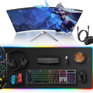 TopMade Wireless Charging Mouse Pad, RGB Gaming Mousepad, 35.4" x 15.8" Extra Large Waterproof Keyboard Desk Pad, Cool Computer Desk Mat, Black (Includes 20W PD Power Adapter & 6.56ft Woven Cable)