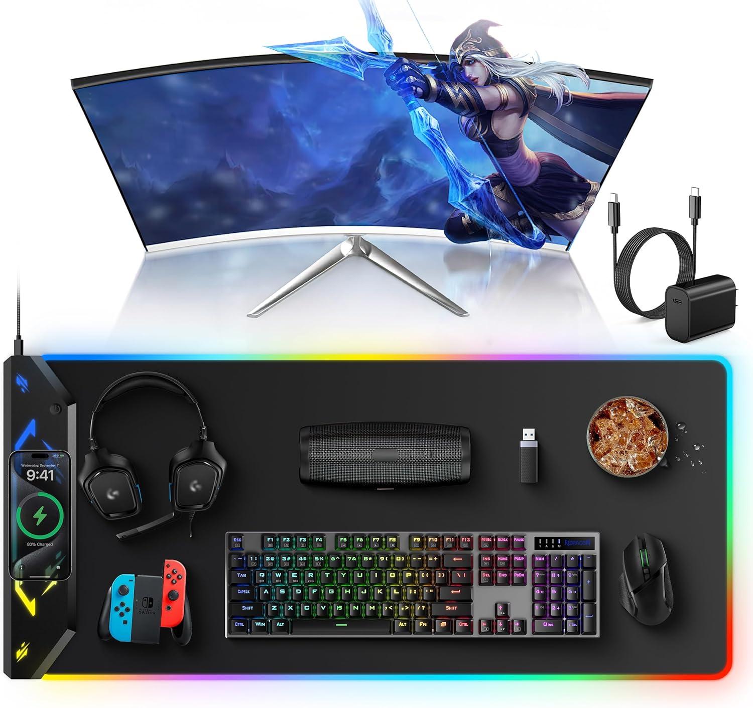 TopMade Wireless Charging Mouse Pad, RGB Gaming Mousepad, 35.4" x 15.8" Extra Large Waterproof Keyboard Desk Pad, Cool Computer Desk Mat, Black (Includes 20W PD Power Adapter & 6.56ft Woven Cable)