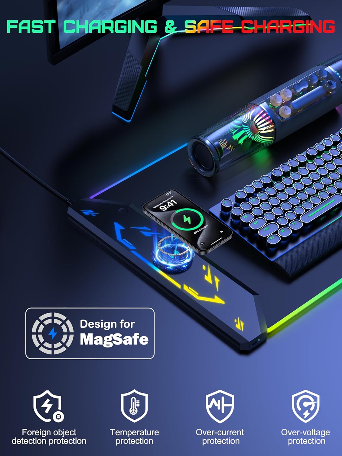 TopMade Wireless Charging Mouse Pad, RGB Gaming Mousepad, 35.4" x 15.8" Extra Large Waterproof Keyboard Desk Pad, Cool Computer Desk Mat, Black (Includes 20W PD Power Adapter & 6.56ft Woven Cable) - Image 2