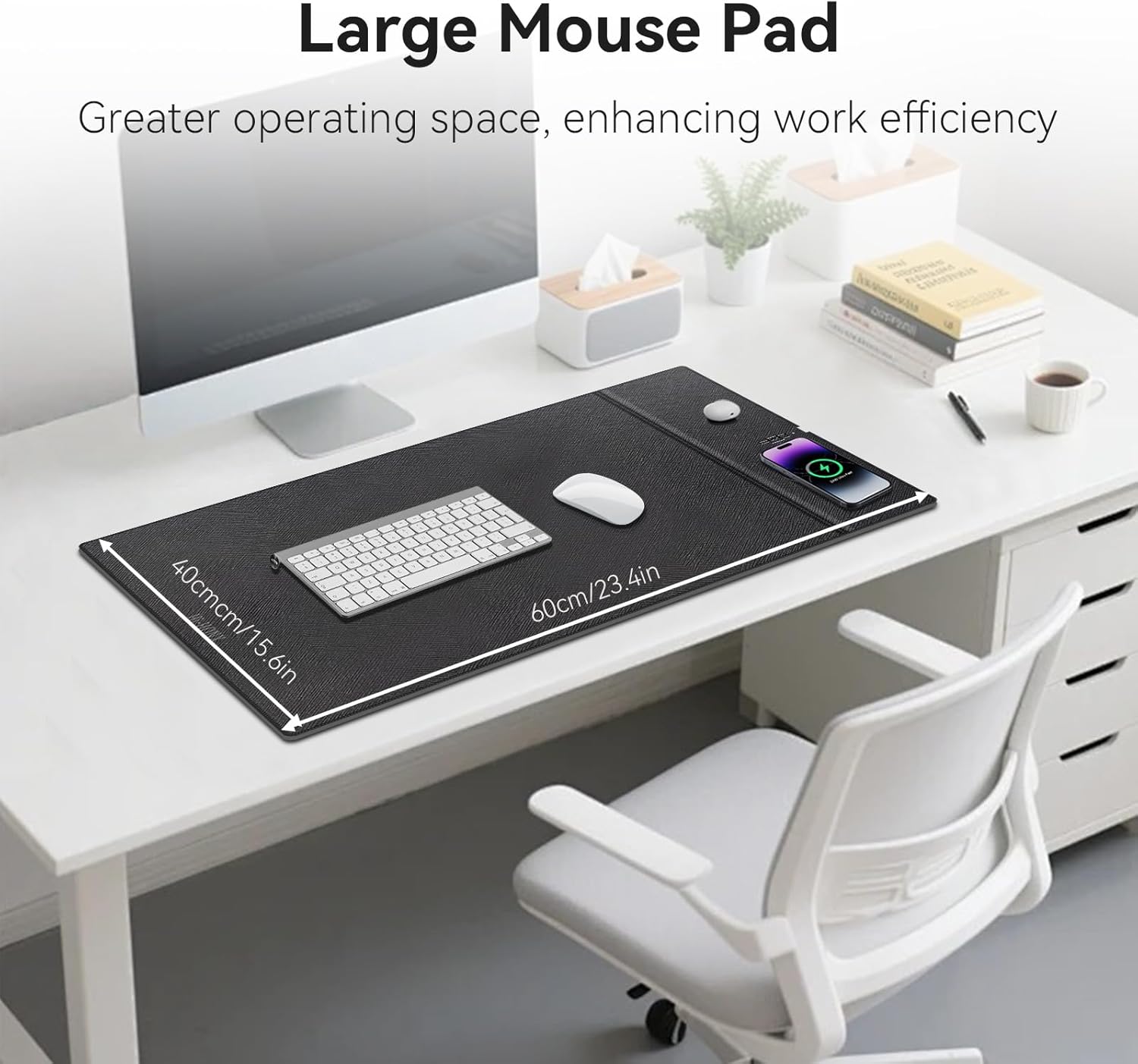 Wireless Charging Mouse Pad, 23.4"x15.6" XL Large Office Desk Pad with Ultra-Smooth Surface,Non-Slip Base, Classic Black Waterproof Computer Desk Mat for MacBook, PC, Laptop - Image 4