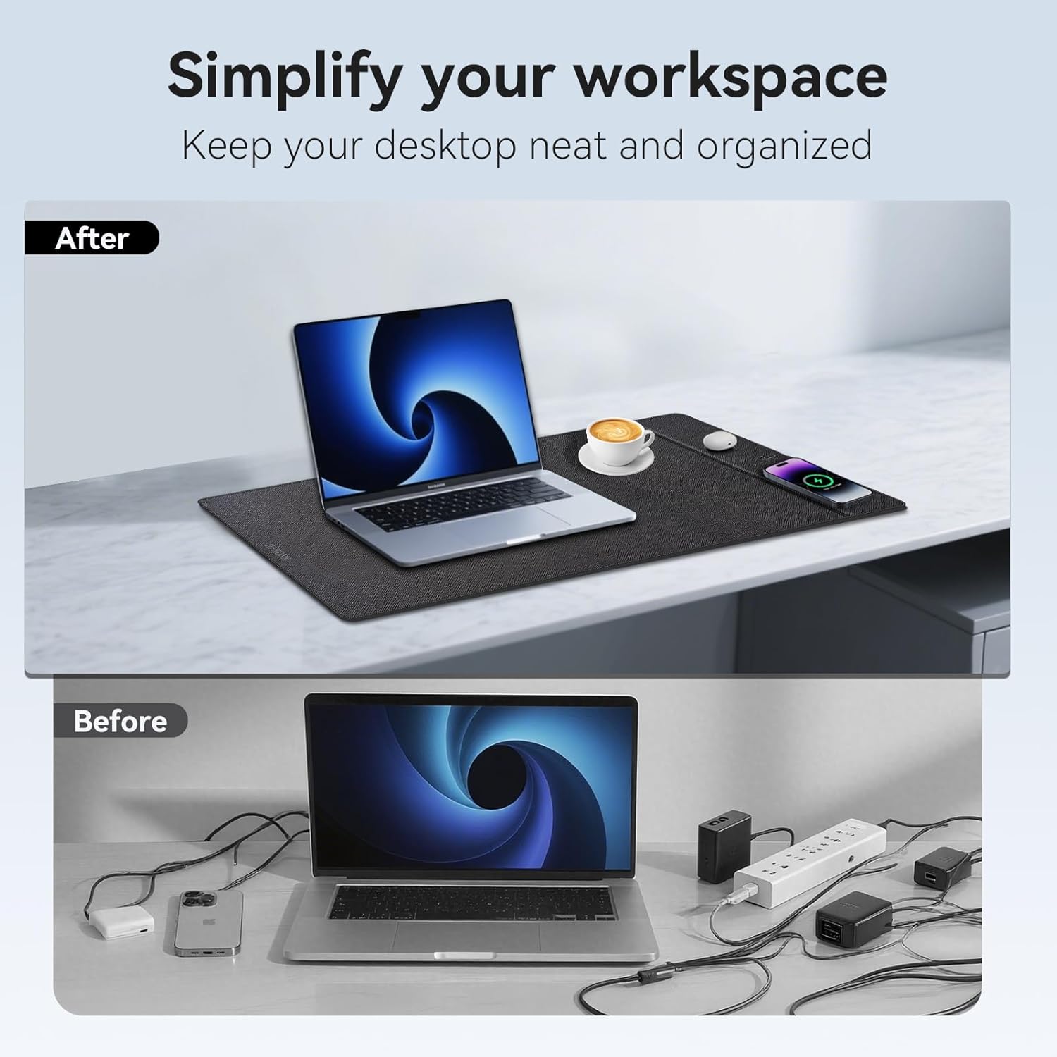 Wireless Charging Mouse Pad, 23.4"x15.6" XL Large Office Desk Pad with Ultra-Smooth Surface,Non-Slip Base, Classic Black Waterproof Computer Desk Mat for MacBook, PC, Laptop - Image 3