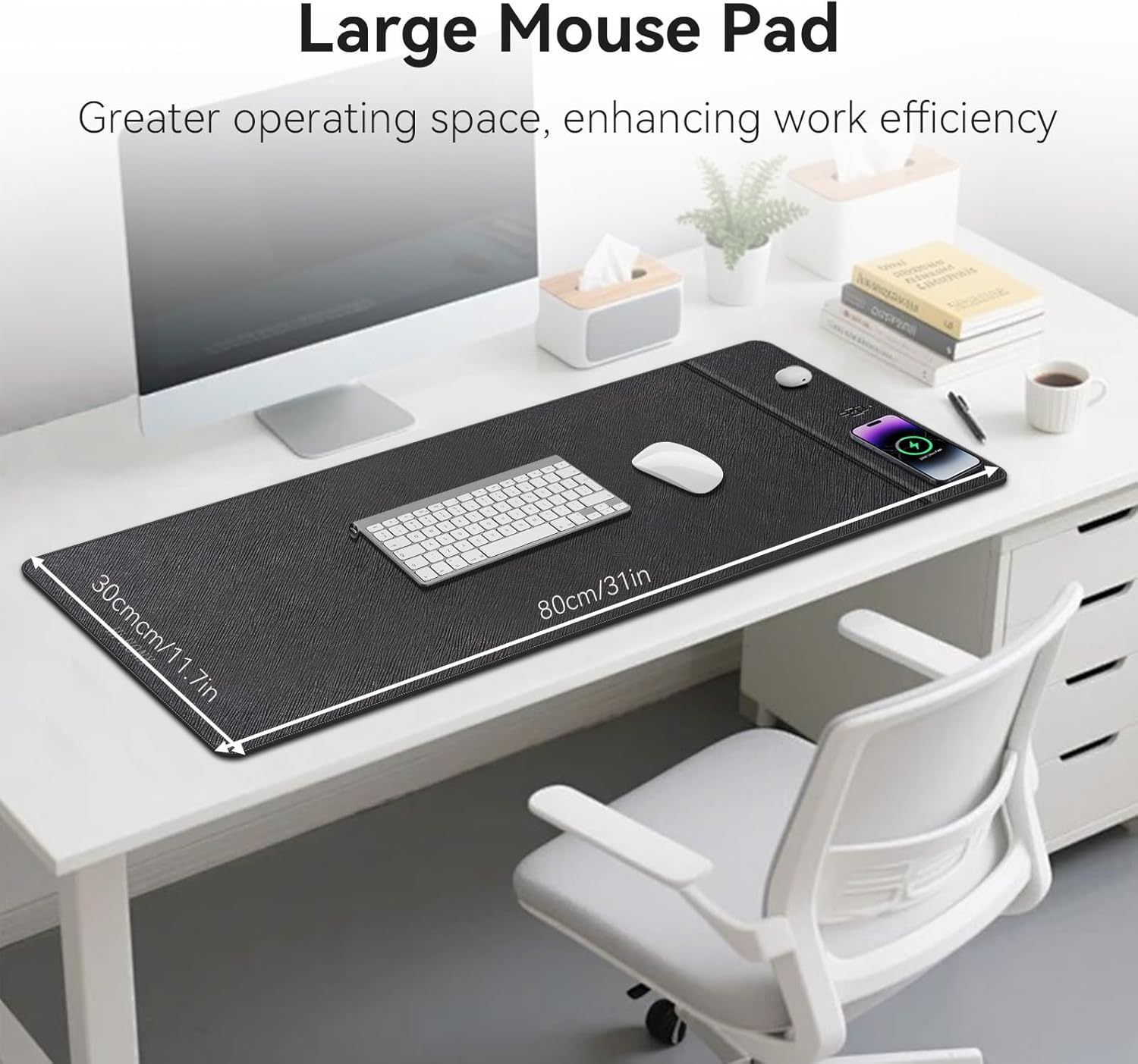 Wireless Charging Mouse Pad, 31.5"x11.7" XXL Large Office Desk Pad with Ultra-Smooth Surface,Non-Slip Base, Classic Black Waterproof Computer Desk Mat for MacBook, PC, Laptop - Image 3