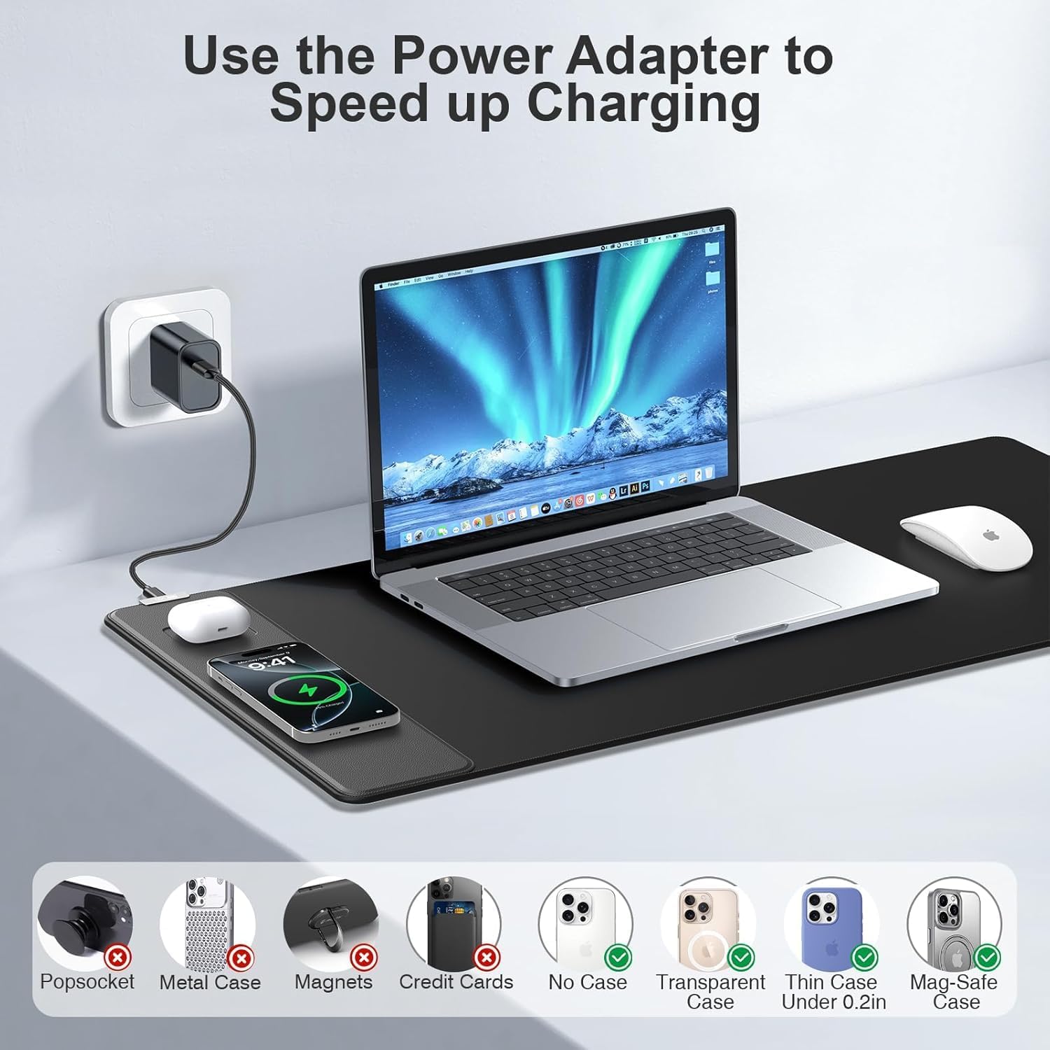 Wireless Charging Mouse Pad, 31.5"x15.8" Large Gaming Desk Mat for Laptop\/Keyboard, Waterproof Ultra-Smooth Surface, Non-Slip Rubber Base, with 20W Charger Block, Black - Image 7