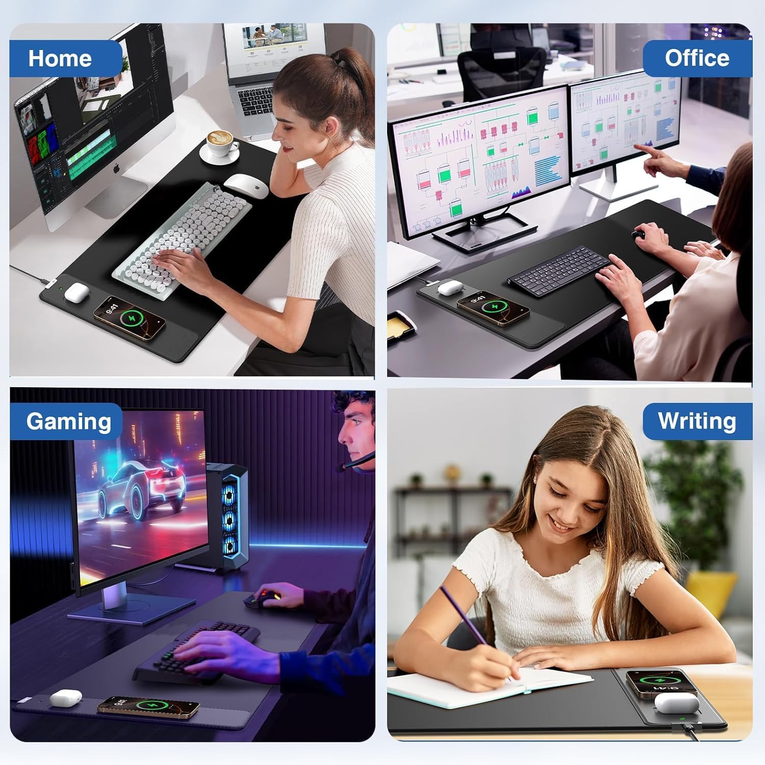 Wireless Charging Mouse Pad, 31.5"x15.8" Large Gaming Desk Mat for Laptop\/Keyboard, Waterproof Ultra-Smooth Surface, Non-Slip Rubber Base, with 20W Charger Block, Black - Image 3