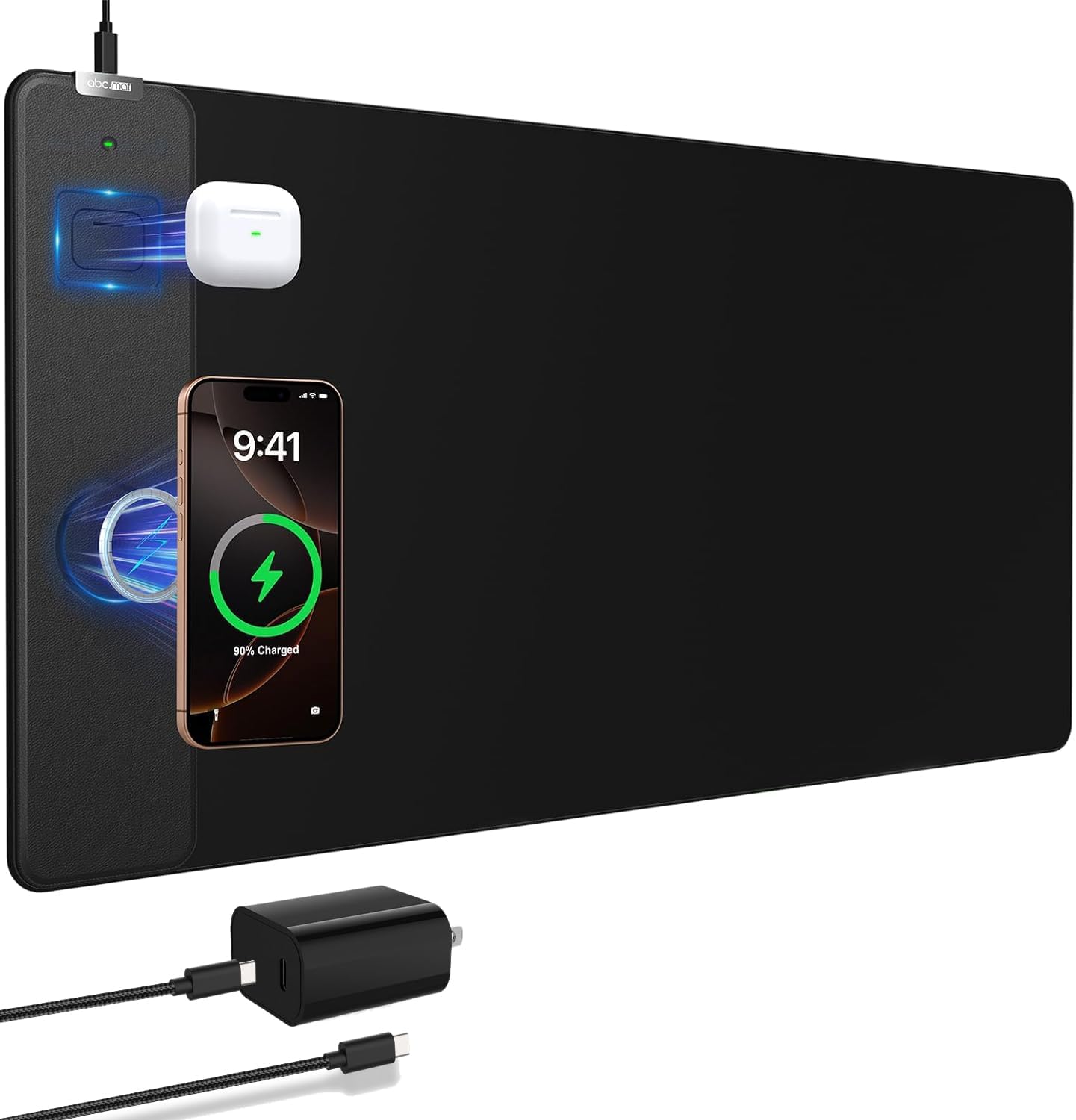 Wireless Charging Mouse Pad, 31.5"x15.8" Large Gaming Desk Mat for Laptop\/Keyboard, Waterproof Ultra-Smooth Surface, Non-Slip Rubber Base, with 20W Charger Block, Black