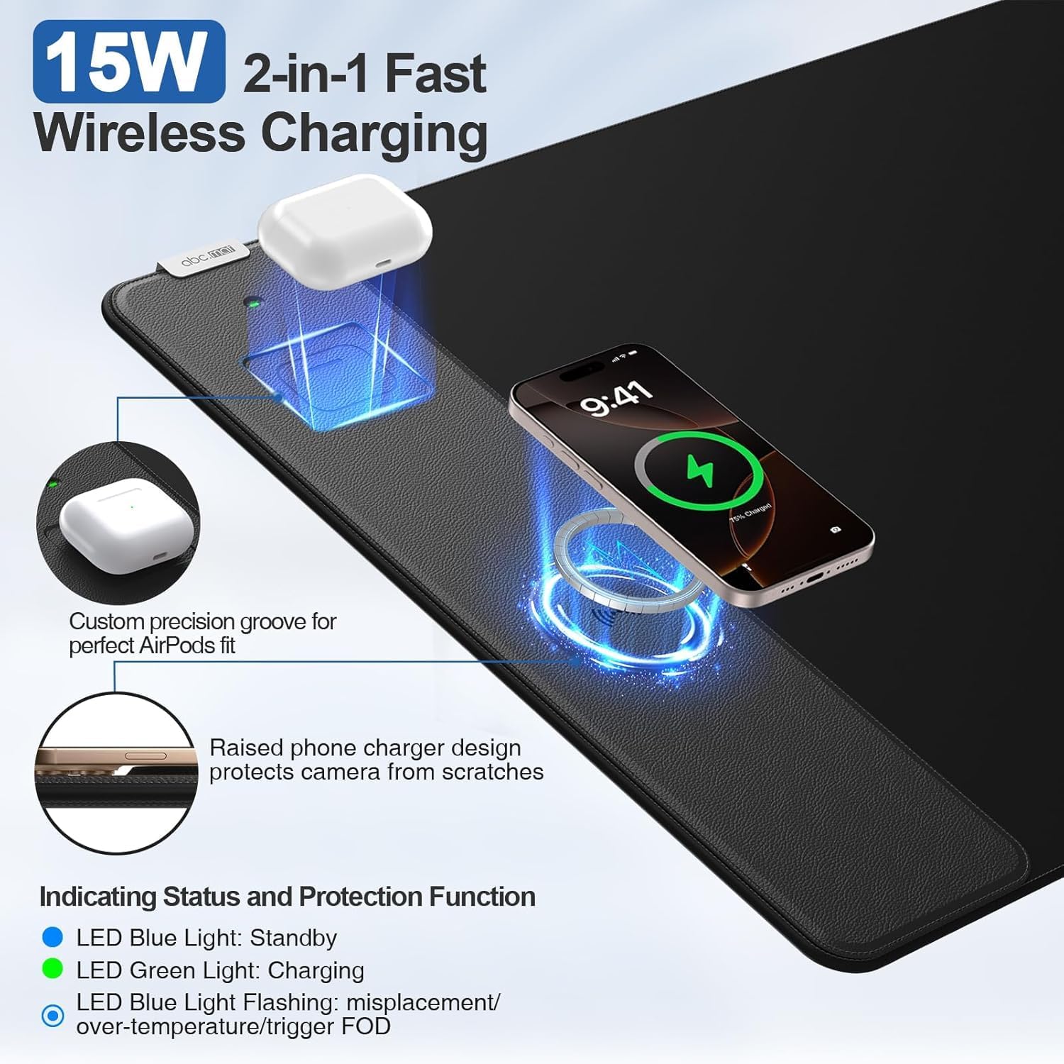 Wireless Charging Mouse Pad, 31.5"x15.8" Large Gaming Desk Mat for Laptop\/Keyboard, Waterproof Ultra-Smooth Surface, Non-Slip Rubber Base, with 20W Charger Block, Black - Image 2
