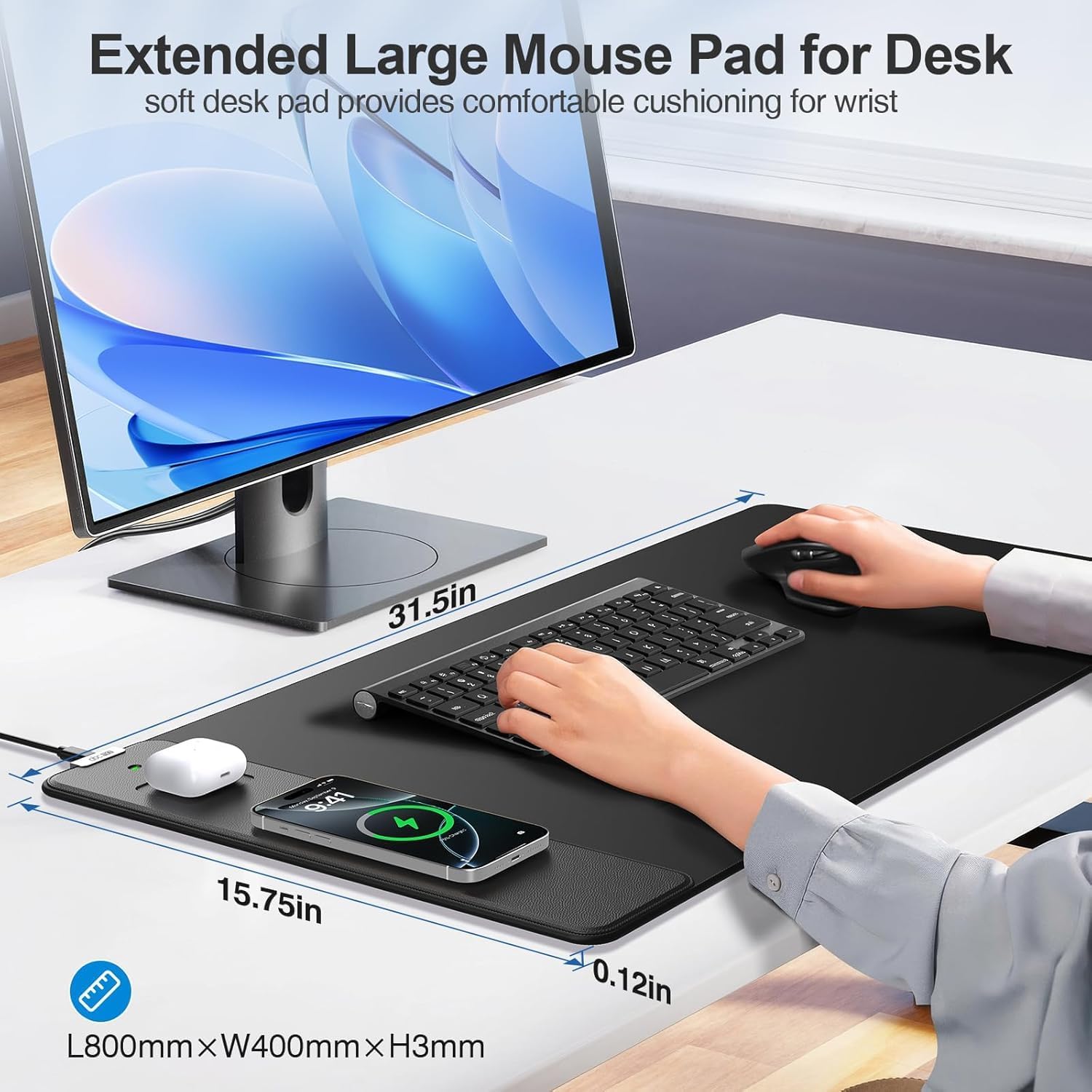 Wireless Charging Mouse Pad, 31.5"x15.8" Large Gaming Desk Mat for Laptop\/Keyboard, Waterproof Ultra-Smooth Surface, Non-Slip Rubber Base, with 20W Charger Block, Black - Image 4