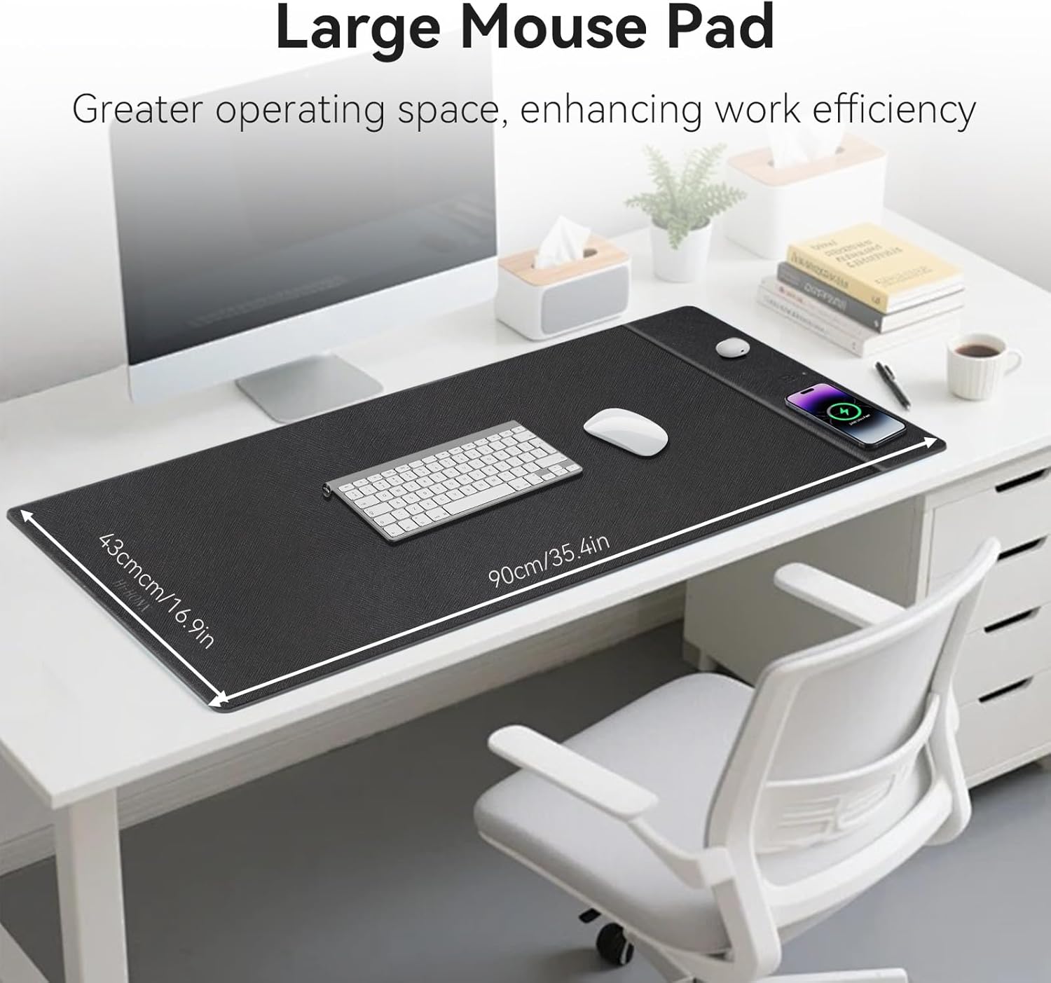Wireless Charging Mouse Pad, 35.4"x16.9" XXXL Large Office Desk Pad with Ultra-Smooth Surface,Non-Slip Base, Classic Black Waterproof Computer Desk Mat for MacBook, PC, Laptop - Image 3