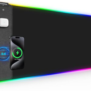 Wireless Charging RGB Gaming Mouse Pad, Mouse Mat with 15W Fast Charging, LED Large Gaming Mousepad with 15 Lights Modes, Ultra-Smooth Surface, Waterproof Non-Slip Desk Pad for Laptop, MacBook, PC