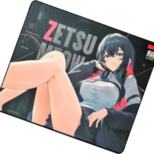 ZETSUMEOW JUE 2.0 XL Anime Gaming Mouse Pad, Micro-Woven Speed Surface, Japan-Made SlimFlex XSOFT Base, 490×420×4mm, Anime Art, Stitched Edges (Black)